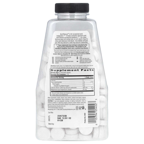 Country Life, Acid Rescue, карбонат кальция, мята, 220 жевательных таблеток