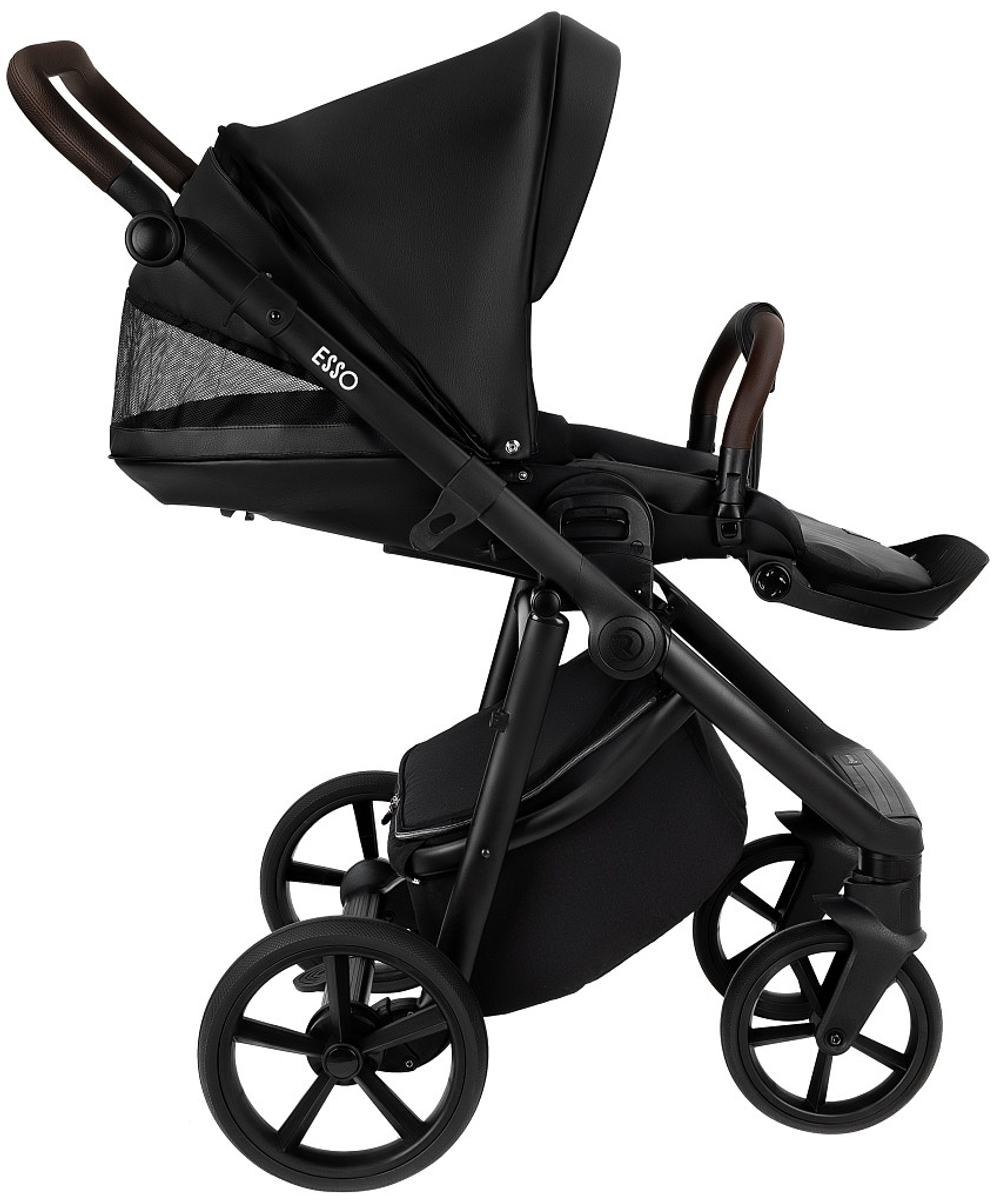 Детская коляска Roan Esso Кожа 3 в 1 с автокреслом Pituso Baesa Pro Black,Beige Canopy ESSK/210/1 Black /Black/руч.Тем.коричневый