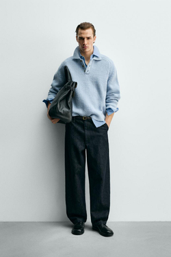 ZARA ПОЛО ИЗ ДВУХИЗНАНОЧНОГО ТРИКОТАЖА С МЕШАНОЙ ШЕРСТЬЮ, НЕБЕСНО-ГОЛУБОЙ