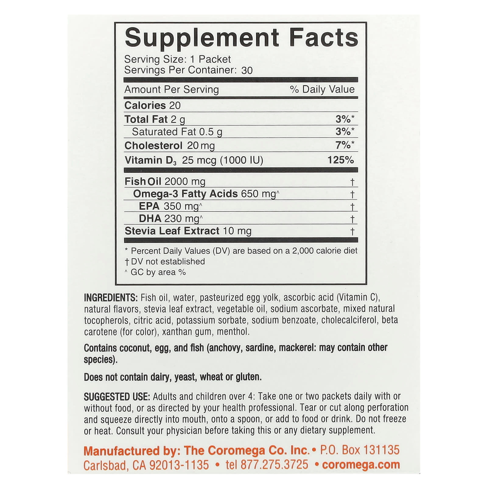 Coromega, Omega-3 + Vit D, тропический апельсин, 30 одноразовых пакетиков, 2,5 г каждый