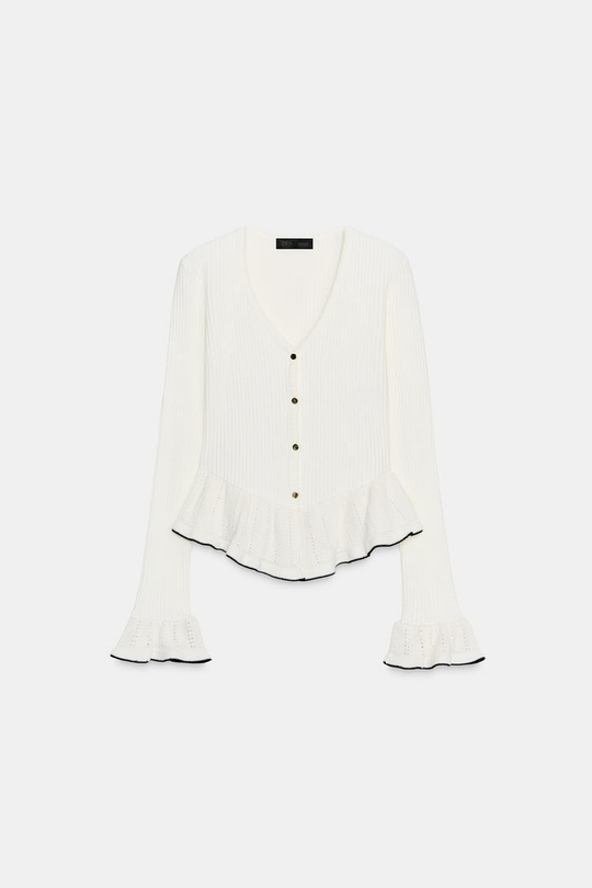 ZARА КАРДИГАН ИЗ МЯГКОЙ ТКАНИ С ВОЛАНАМИ, ЖЕЛТОВАТО-БЕЛЫЙ