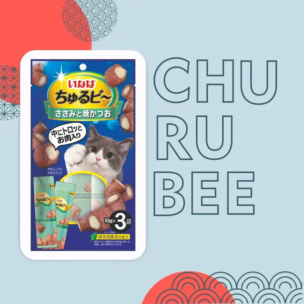 Влажный корм-лакомство для кошек Inaba Churu Bee 3*0,01кг Куриное филе и запечённый тунец Кацуо лакомство запечённые трубочки для кошек. В комплекте 5 упаковок по 3 шт/уп