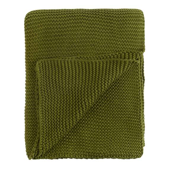 Плед из хлопка жемчужной вязки оливкового цвета Essential, 130х180 см