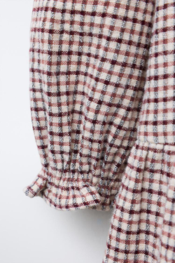 ZARA ПЛАТЬЕ В КЛЕТКУ С ВЫШИТЫМ ВОРОТНИКОМ, ТЕМНО-РОЗОВЫЙ