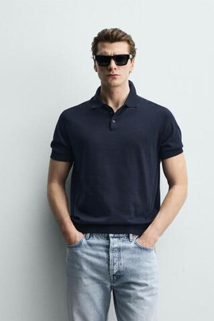 ZARA ПОЛО ИЗ ЛЕГКОГО ТРИКОТАЖА, МОРСКОЙ СИНИЙ