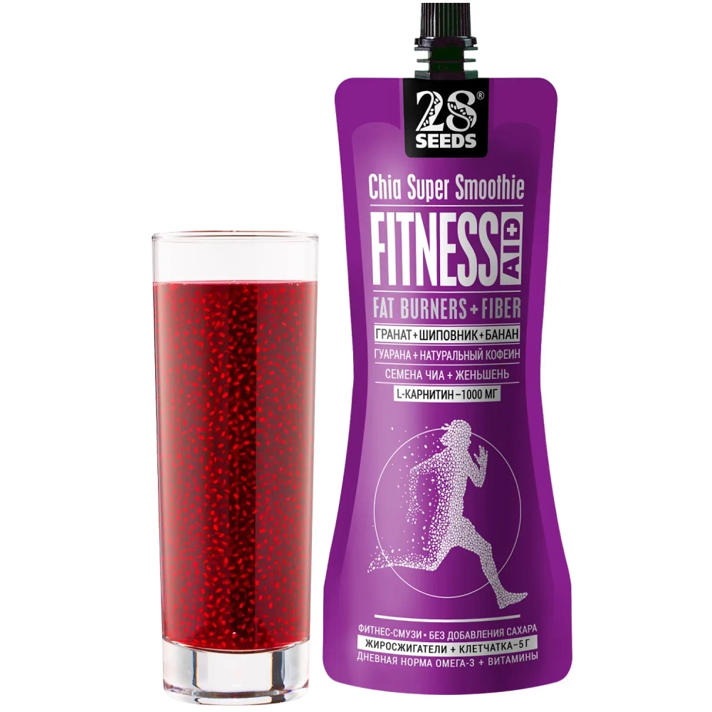 Супер-смузи ЧИА ФИТНЕС «Гранат + Шиповник + Банан» 250 мл — густое смузи с семенами чиа для активного образа жизни в стакане