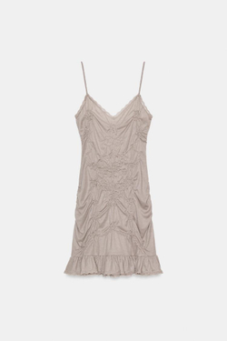 ZARA КОРОТКОЕ ПЛАТЬЕ СО СБОРКАМИ И КРУЖЕВОМ, СЕРОВАТО-КОРИЧНЕВЫЙ