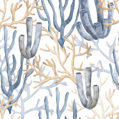 Синие и бежевые кораллы на белом фоне. Морской пляжный принт