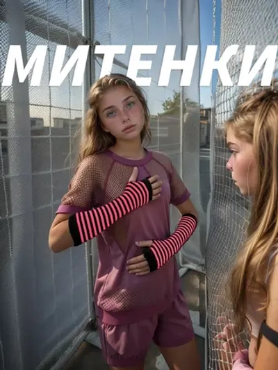 Длинные митенки аниме в полоску малиновые