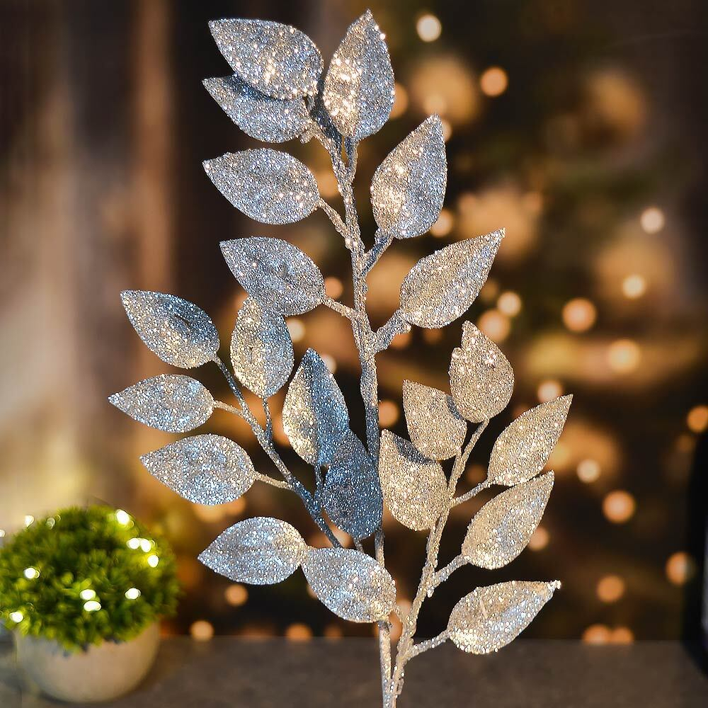 Украшение новогоднее "Ветка Волшебные листья" 50см, серебро