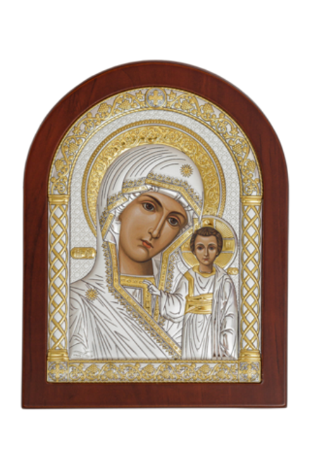 Икона Казанская БМ: арочная 15х20 серебрение, A-4, красное дерево (Греция)