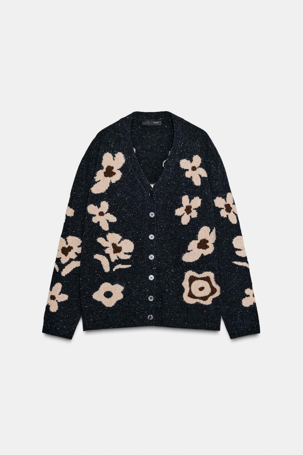 ZARA КАРДИГАН ОВЕРСАЙЗ ИЗ ЖАККАРДОВОГО ТРИКОТАЖА С ЦВЕТАМИ, СЕРЫЙ