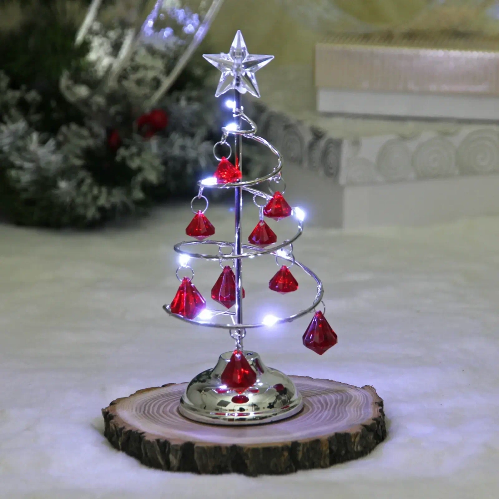 Сувенир с подсветкой «Елочка Хрустальная» 18 см, диаметр 8 см, основание-серебро, свечение-белый, хрусталик Красный (работает от батареек 3 LR44)