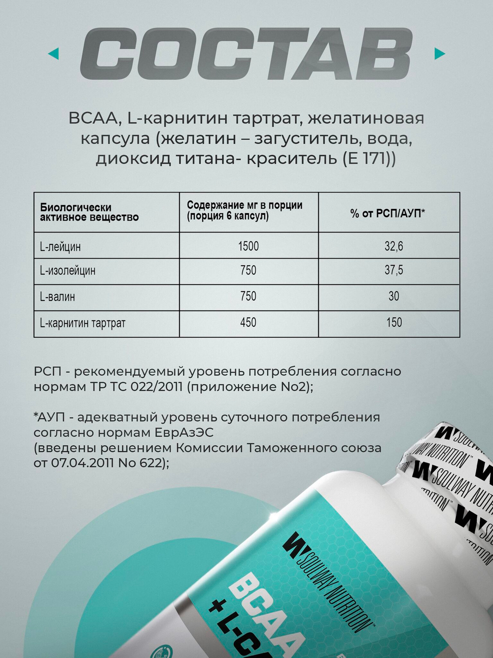 BCAA + L-карнитин, витамины 180 капсул
