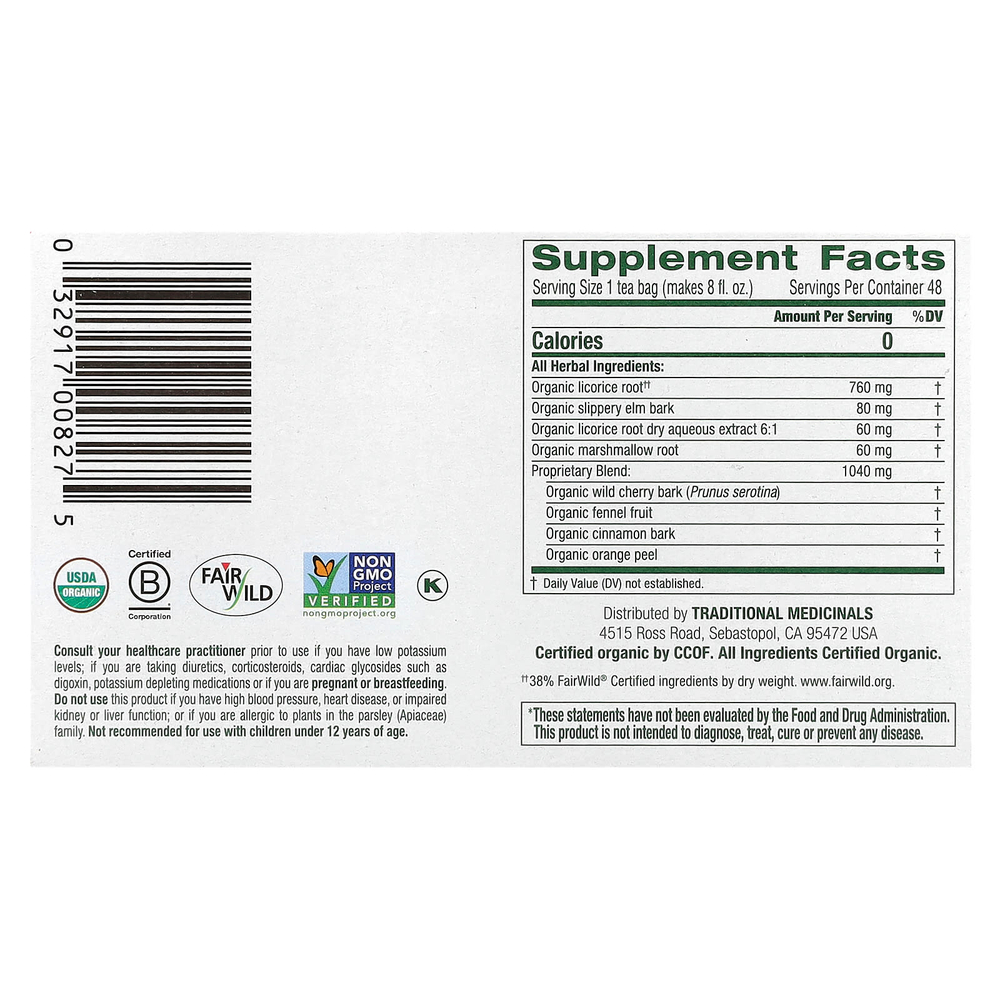 Traditional Medicinals, Organic Throat Coat®, Original со скользким вязом, без кофеина, 48 чайных пакетиков в упаковке, 96 г (3,38 унции)