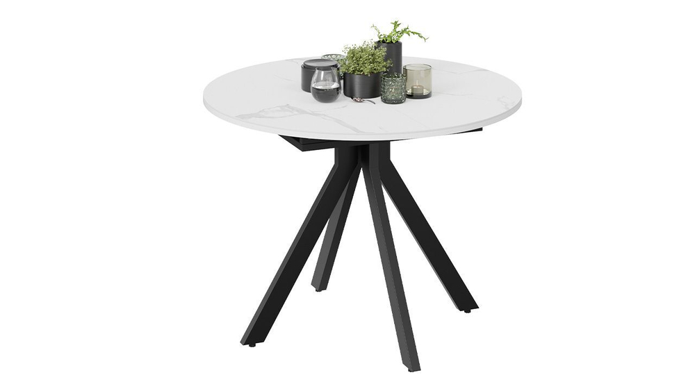 Стол кухонный обеденный круглый раздвижной Черный муар/Стекло глянцевое белое 100(132)х75х75 см