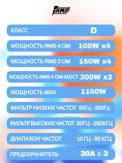 Усилитель звука четырехканальный автомобильный PRO 4.100