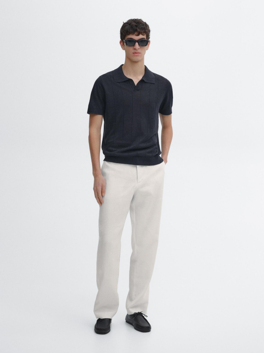 Massimo Dutti Льняной трикотажный свитер с воротником-поло, темно-синий