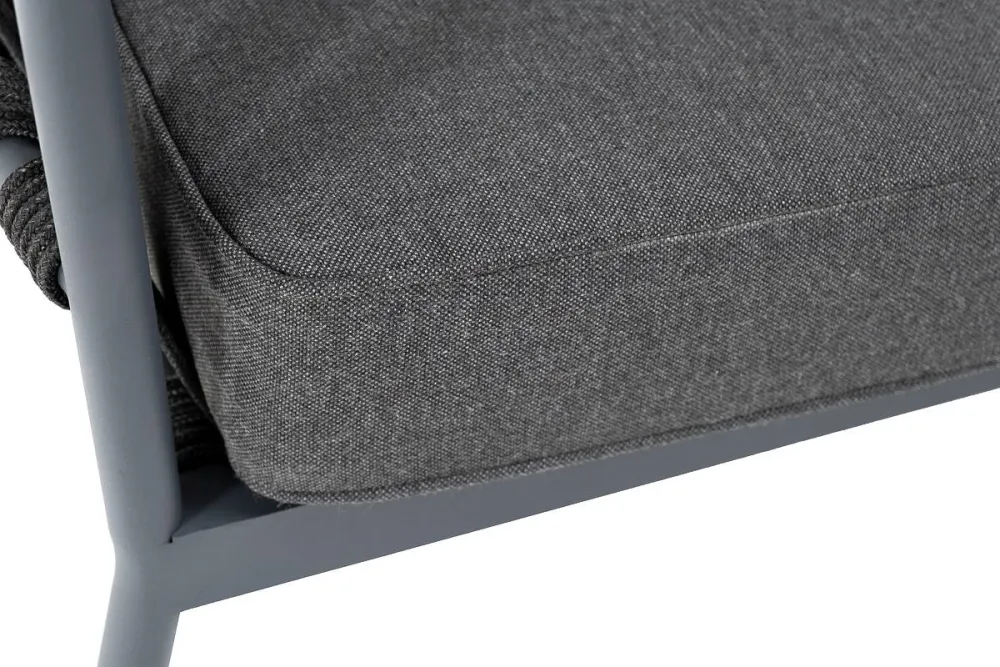 "Диего" диван 2-местный плетеный из роупа, каркас алюминий темно-серый (RAL7024) муар, роуп темно-серый круглый, ткань темно-серая 027