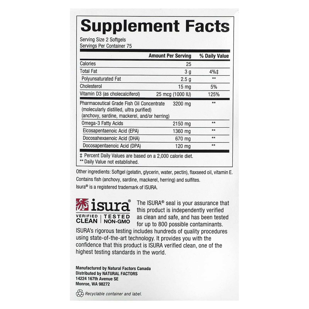 Natural Factors, RxOmega-3 повышенной силы действия с витамином D3, 150 капсул