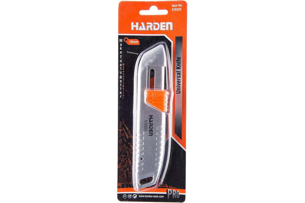 Нож HARDEN закрытый профессиональный, 18 мм, выдвижное трапециевидное лезвие, цельноалюминиевый 570325