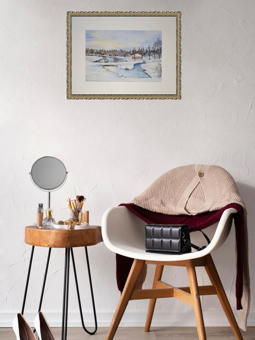 Картина авторская акварельная в паспарту 30х40 см на стену для интерьера "Зимний рассвет в Веребково"