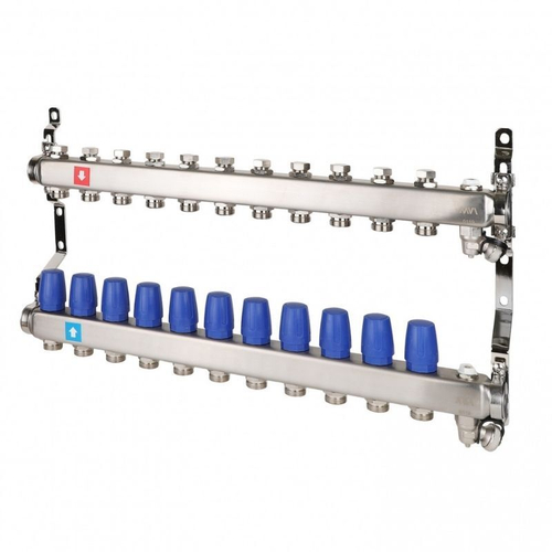 Блок коллекторный MVI из нержавеющей стали DN 25-11 выходов G 3/4, без расходомеров, с дренажным краном и воздухоотводчиком, евроконус, MS.611.06