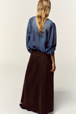 ZARA БЛУЗА С ВОЛАНАМИ, СЕРО-СИНИЙ