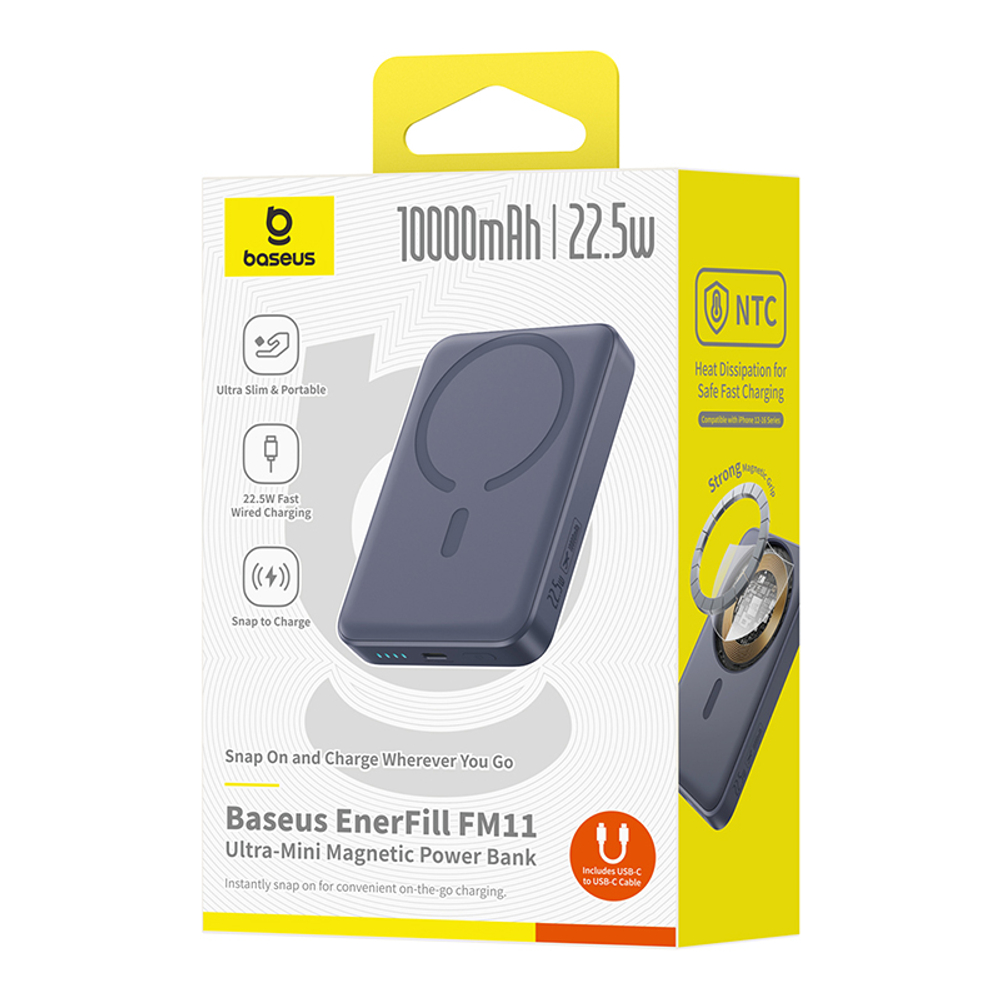 Внешний аккумулятор + Беспроводная зарядка Baseus EnerFill FM11 Ultra-Mini Magnetic C+Qi 10000mAh 22.5W (MagSafe)
