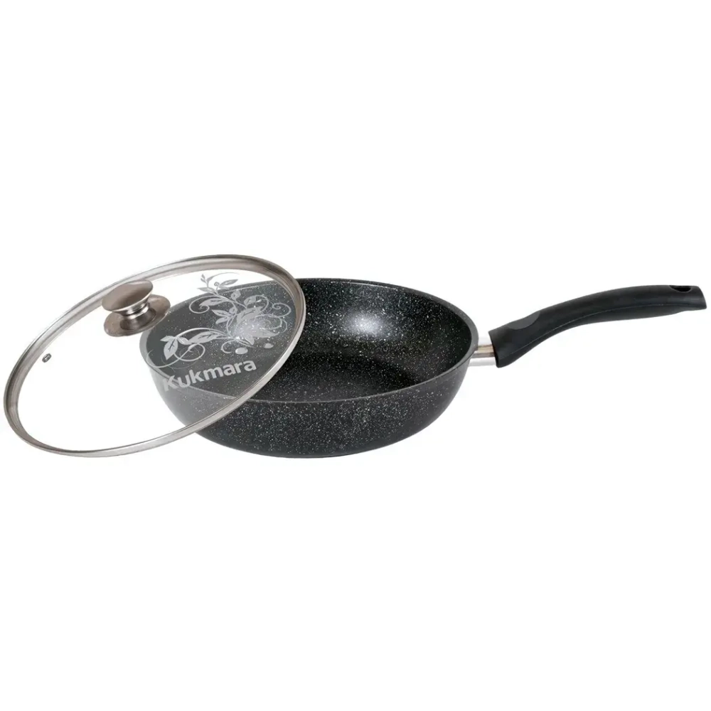 Сковорода 24*6см «Мраморная» (темный мрамор) с ручкой и стекл. крышкой смт24603а