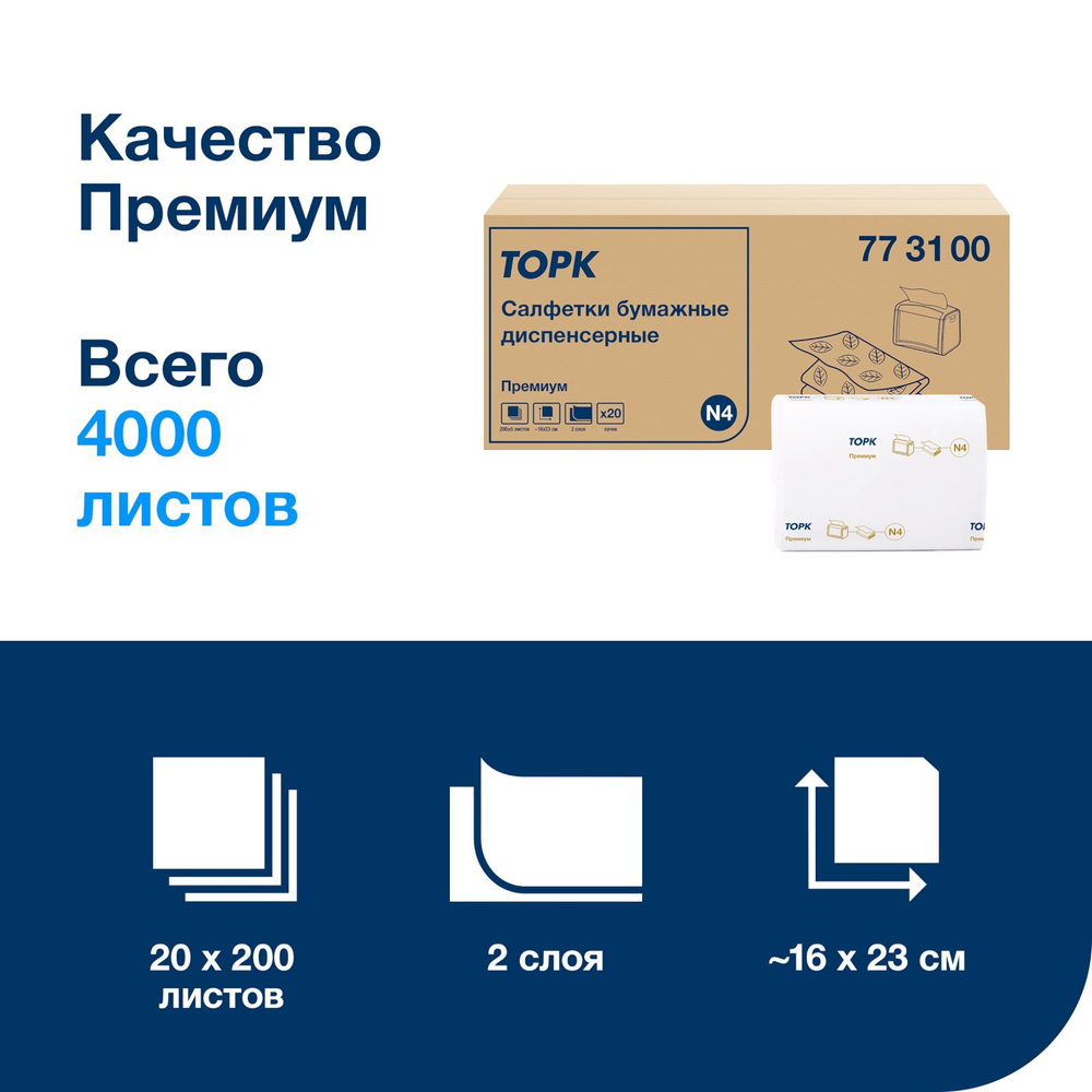 Салфетки диспенсерные Торк Экспресснап 2-слойные, сложение 1/2, 16х23 см, 200 листов в пачке, 20 пачек в коробке