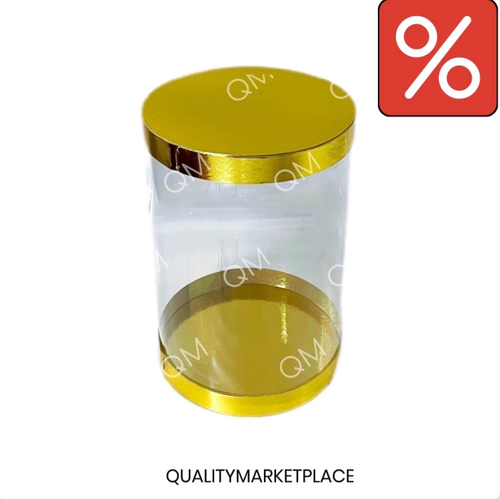 Прозрачная круглая коробка-тубус D-17.5 см h-21.5 см золото, 50 шт