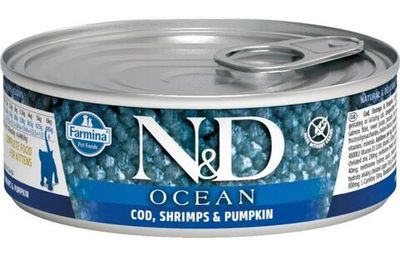 Влажный корм N&D OCEAN для котят с треской, креветками и тыквой 70г