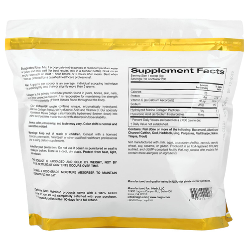California Gold Nutrition, CollagenUP®, гидролизованные пептиды морского коллагена с гиалуроновой кислотой и витамином C, с нейтральным вкусом, 1 кг (2,2 фунта)