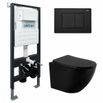 Унитаз подвесной ABBER Bequem AC1100MB с инсталляцией AC0105 и кнопкой AC0120MB черная матовая, с крышкой микролифт, безободковый