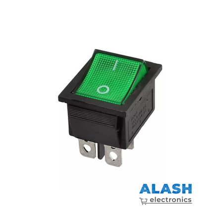 Клавишный переключатель KCD4, 16A 250V AC / 20A 125V AC, одинарный, 4 контакта, зелёный 25x31мм