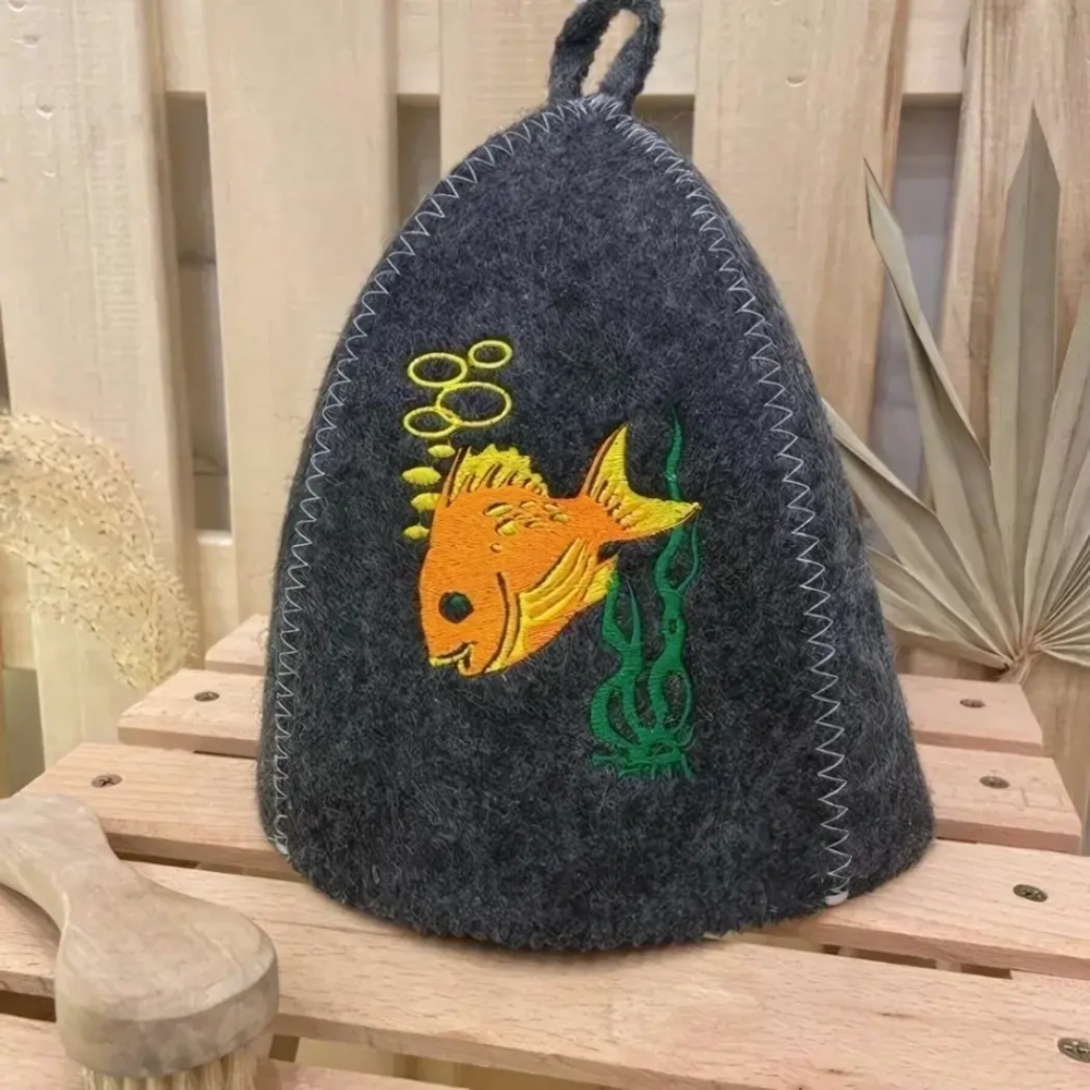 Шапка банная детская классическая с вышивкой «Рыбки», цвет серый, (без упаковки)