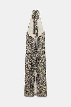 ZARA ДЛИННОЕ АТЛАСНОЕ ПЛАТЬЕ ХАЛТЕР, ЛЕОПАРДОВЫЙ