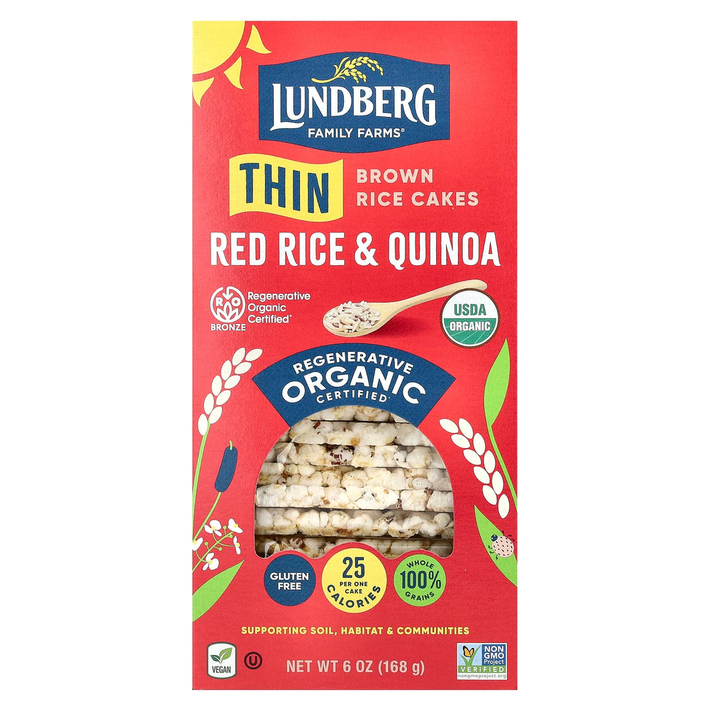 Lundberg, Organic Thin Stackers, злаковые хлебцы, красный рис и киноа, без соли, 24 рисовых хлебца, 168 г (6 унций)