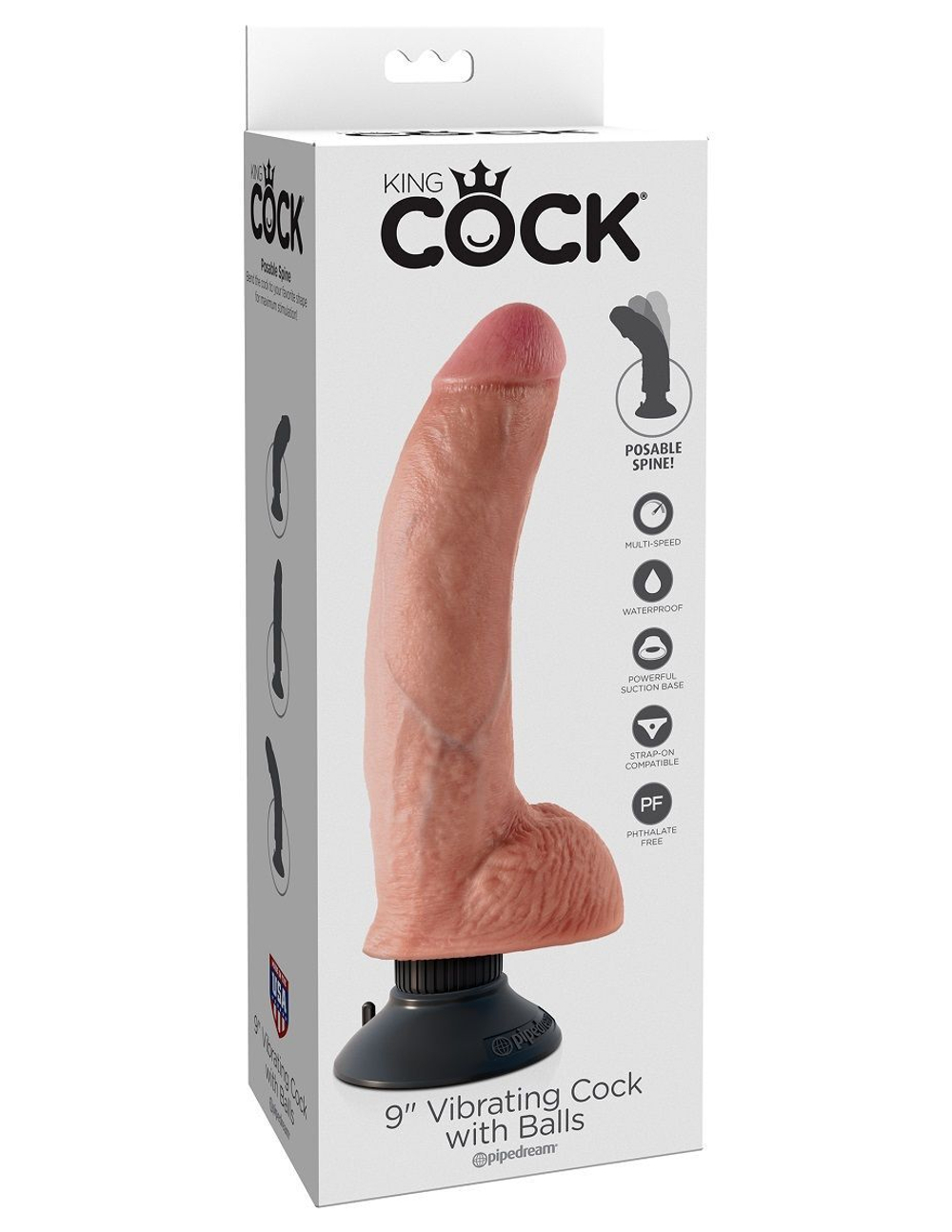 Телесный виброфаллос со съемной присоской 9" Vibrating Cock with Balls - 22,9 см.