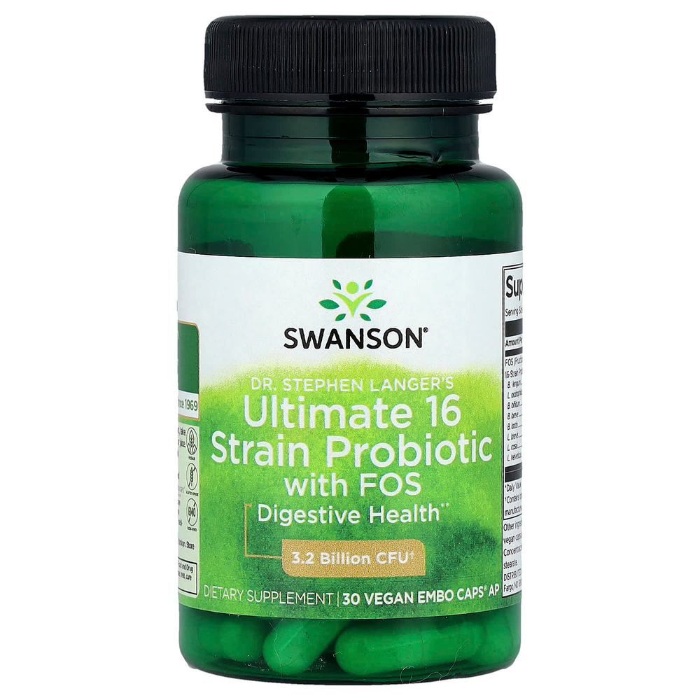 Swanson Vitamins, Компания Dr. Ultimate 16 штаммов пробиотиков с ФОС от Стивена Лангера, 30 веганских капсул EMBO Caps® AP