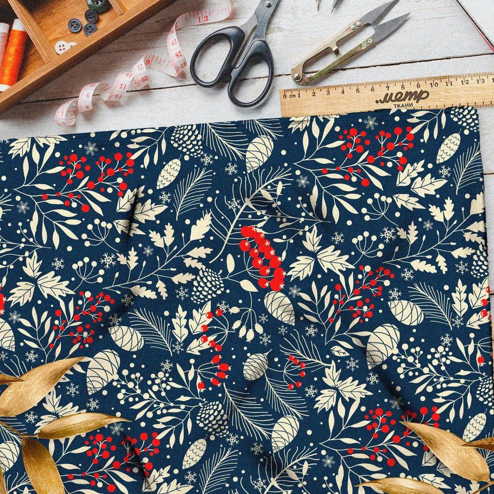 Ткань габардин рябина с заснеженными листьями