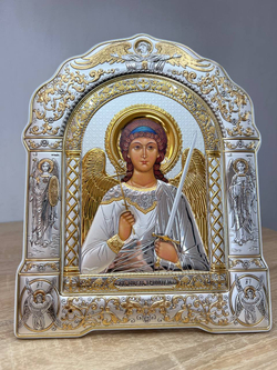 Ангел Хранитель, икона арочная с рамкой, белое дерево 266х335