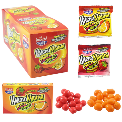 Жевательные конфеты "Кисломания дабл фрукт" апельсин и клубника 14гр*30шт*12 блоков