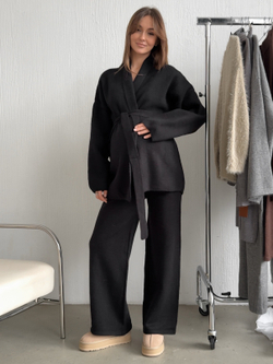 Комплект вязаный, кардиган с поясом и брюки