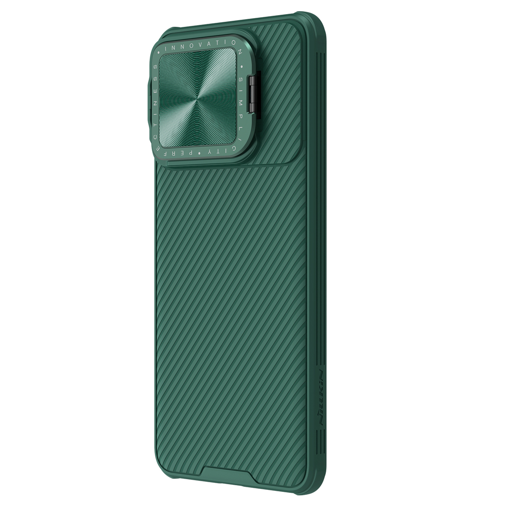 Чехол зеленого цвета (Deep Green) от Nillkin для Xiaomi Poco F6 Pro с металлической откидной крышкой и поддержкой магнитной беспроводной зарядки MagSafe, серия CamShield Prop Magnetic