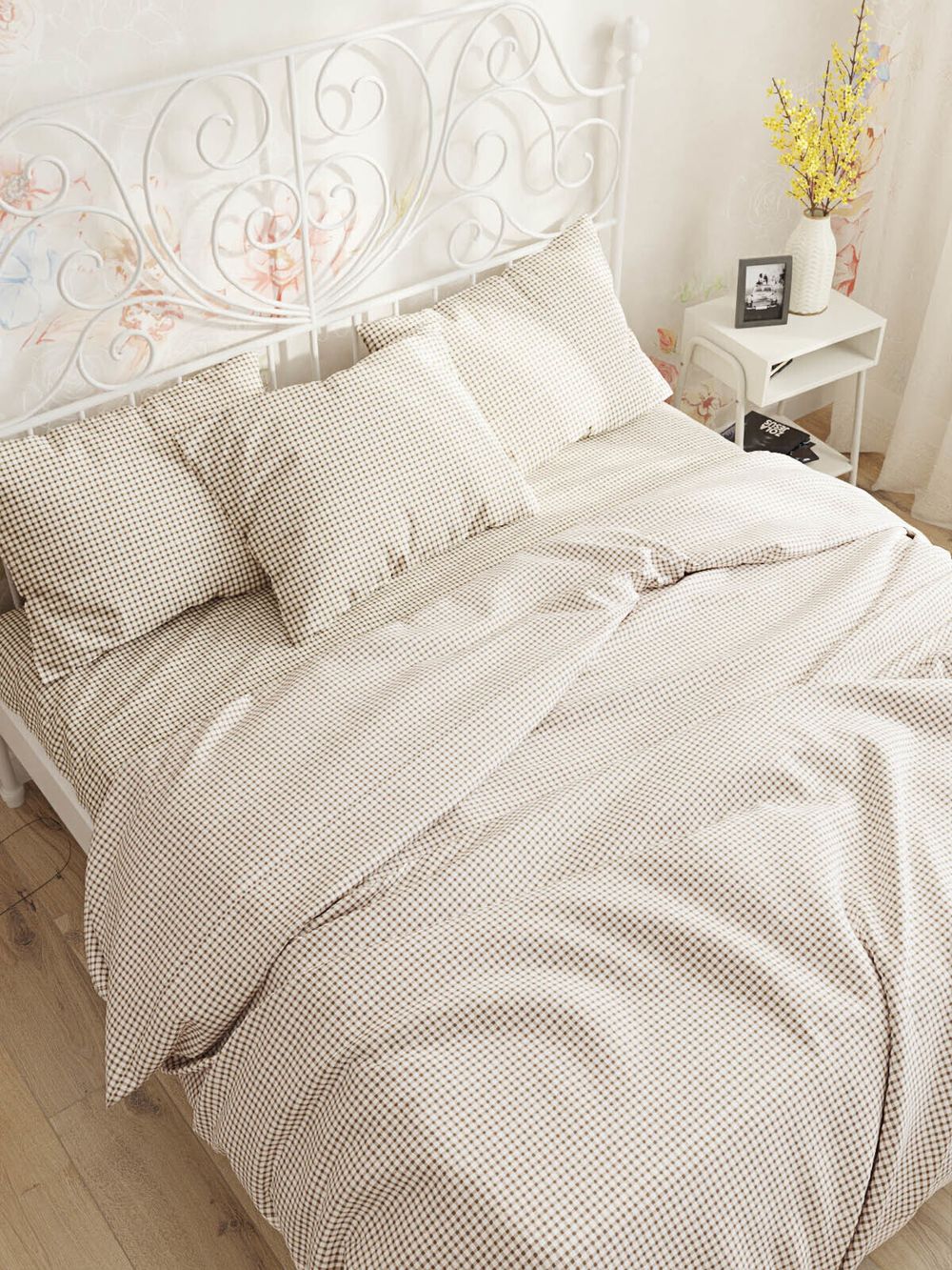 Постельное белье Сказка "Бежевая клеточка" 2-спальный Наволочка 70х70 см 2 шт Простынь 240х215 см Пододеяльник 175х215 см, перкаль