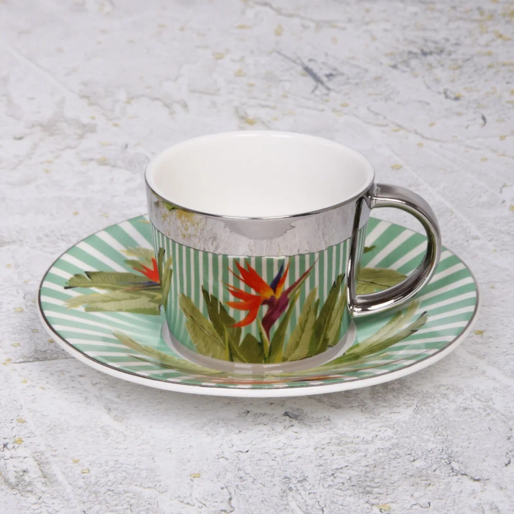 Чайная пара (зеркальная кружка 230мл+блюдце) анаморфный дизайн «Райские птицы»