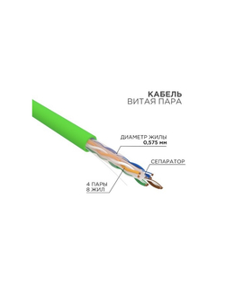 Витая пара Rexant (01-0071) Кабель витая пара U / UTP, CAT 6, нг(А)-LSLTx, 4х2х0,575мм, 23AWG, INDOOR, SOLID, зеленый, 305м