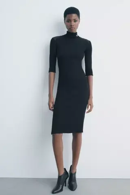 ZARA ПЛАТЬЕ МИДИ В РУБЧИК, ЧЕРНЫЙ